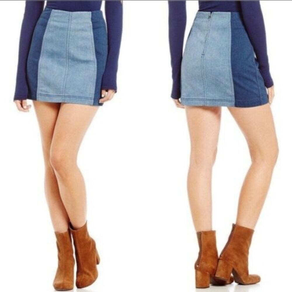 Free People Modern Femme Color Block Denim Bodycon Mini Skirt 6